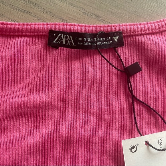 ZARA square neck puff lsleeve crop Top Pink Cotton size S - Picture 3 of 7